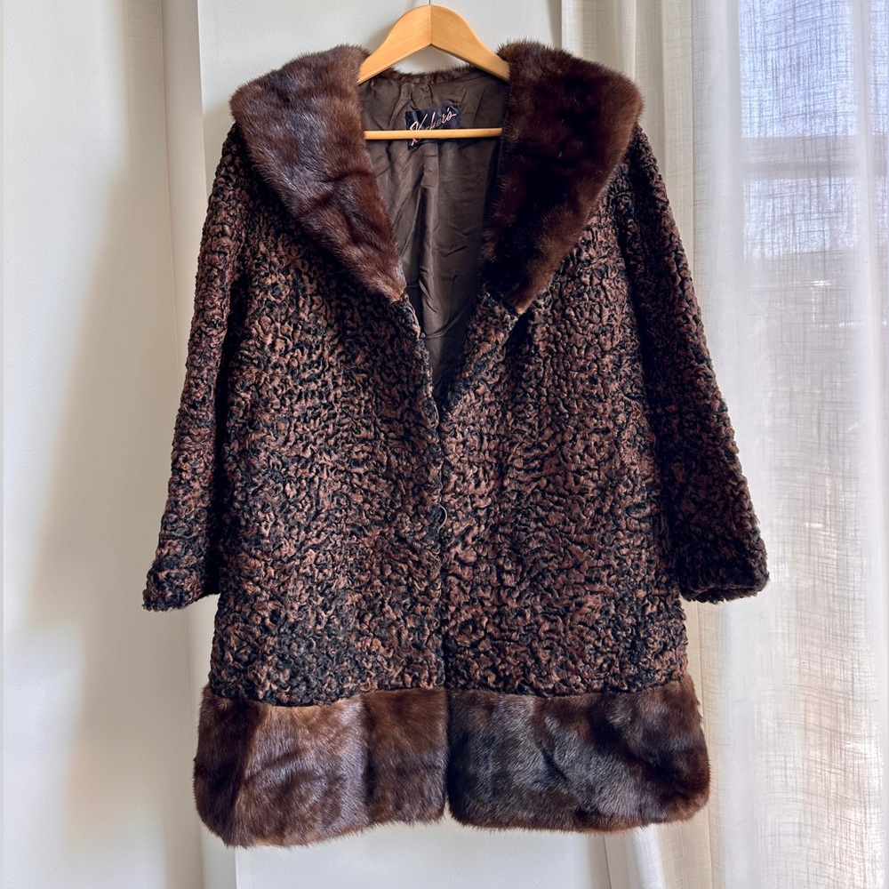 Rare Vintage 50s 60s Marbled Persian Lamb Astrakhan Fur Coat Mink Collar Trim M
